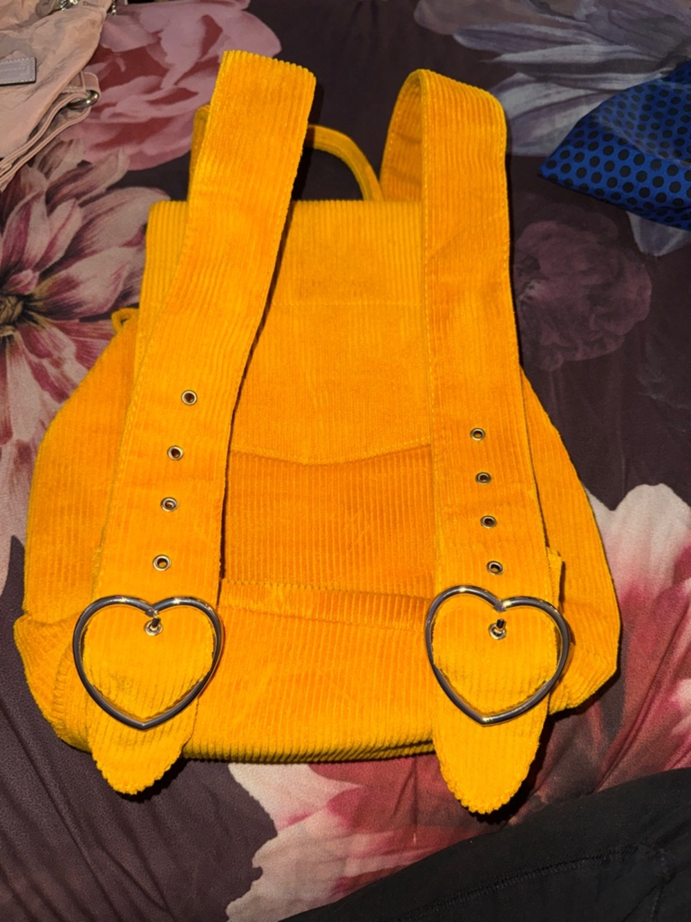 Valfre Orange/Yellow Corduroy Mini Backpack with Heart Buckles - Picture 2 of 5